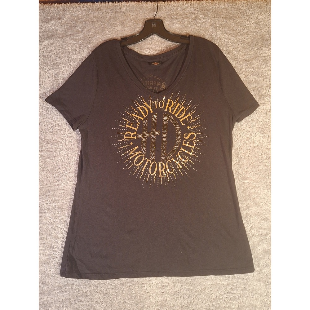 Harley Davidson Motorcycles Ready to Ride T Shirt Womens 2XL V Neck Rhinestone